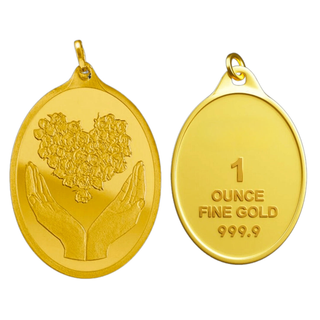 # 24K Yellow Gold Flower Heart Shaped with Hand Holding Design 999.9 Pure Solid Pendant/Charm