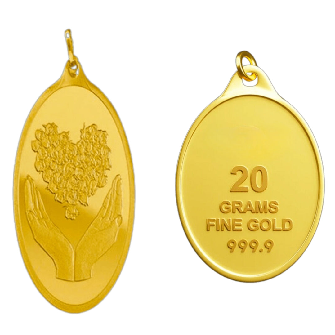 # 24K Yellow Gold Flower Heart Shaped with Hand Holding Design 999.9 Pure Solid Pendant/Charm