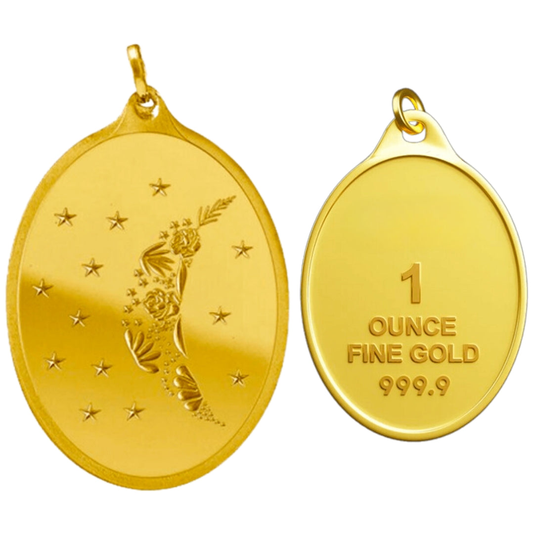 # 24K Yellow Gold Floral Moon with Stars Design 999.9 Pure Solid Pendant/Charm