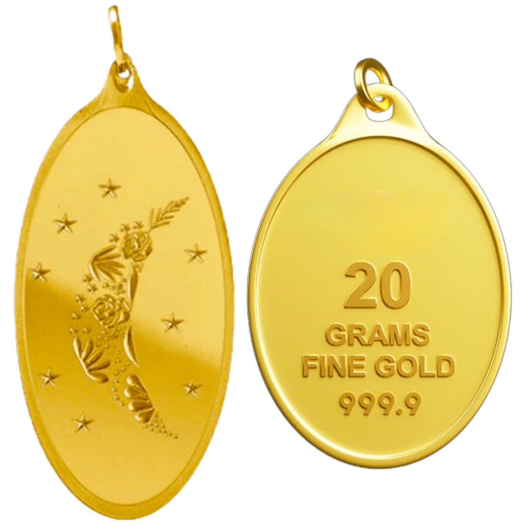 # 24K Yellow Gold Floral Moon with Stars Design 999.9 Pure Solid Pendant/Charm