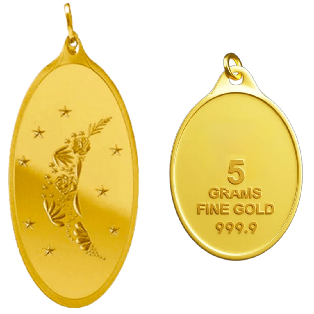 # 24K Yellow Gold Floral Moon with Stars Design 999.9 Pure Solid Pendant/Charm