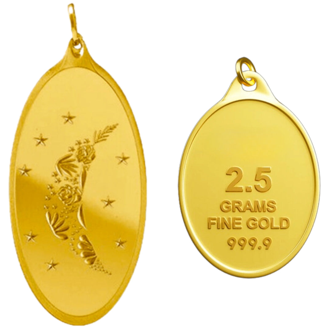 # 24K Yellow Gold Floral Moon with Stars Design 999.9 Pure Solid Pendant/Charm