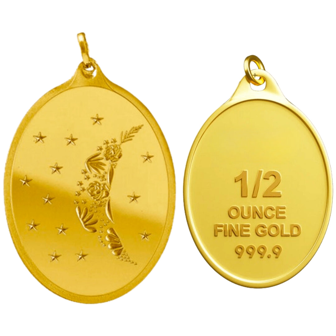 # 24K Yellow Gold Floral Moon with Stars Design 999.9 Pure Solid Pendant/Charm